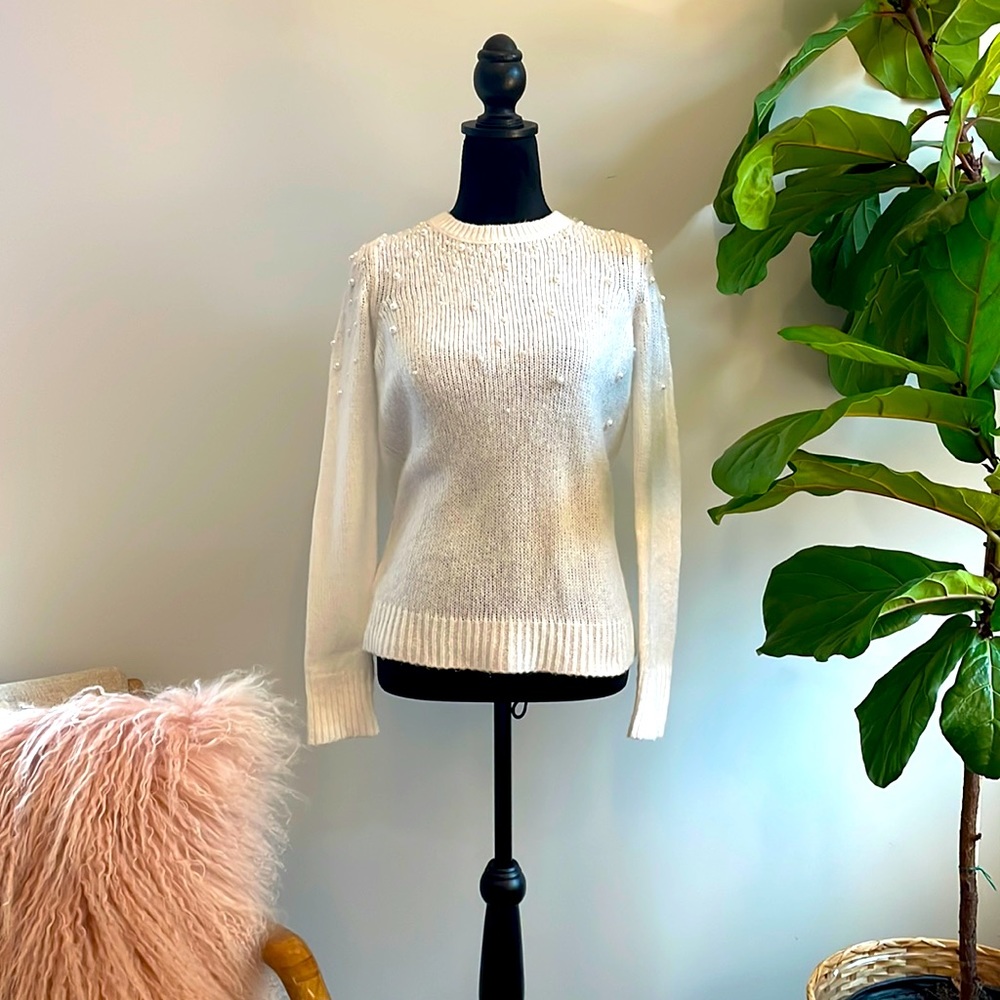 Loft Sweater White Petite Small Petite Beaded Pearls Long Sleeve Soft Crew Neck